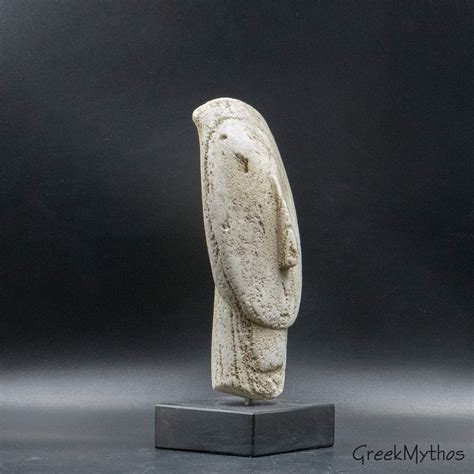 Greek Cycladic Figurine Head Statue Handsculpted On White Aged Marble