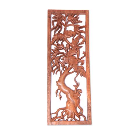 UNICEF Market Hand Carved Tree Themed Suar Wood Relief Panel From