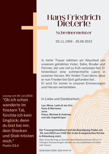 Traueranzeigen von Hans Friedrich Dieterle Schwarzwälder Bote Trauer