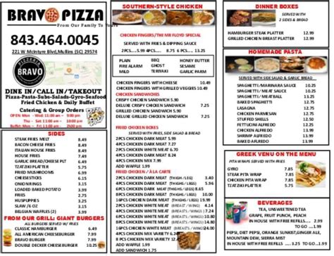 Bravo Pizza Mullins Sc Menu Updated January 2023