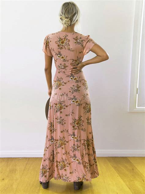 Robe Longue Rose En Coton Mélangé Imprimé Fleuri Convenable Avec Lacets