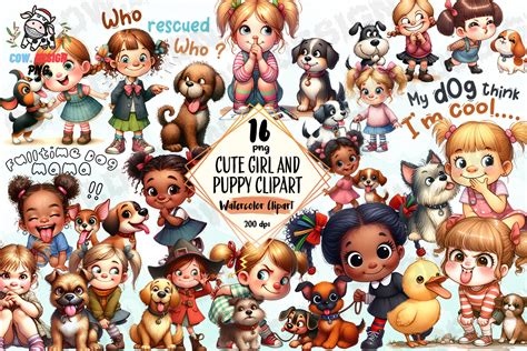 Cute Girl And Puppy Clipart Png Graphics Graphic By Cowdesign