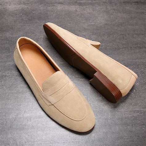 Beige Suede Mens Oxfords Flats Loafers Dappermen Dress Shoes