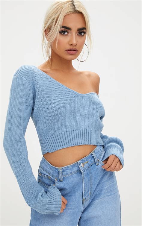 Adelaida Dusty Blue Off Shoulder Knitted Crop Sweater