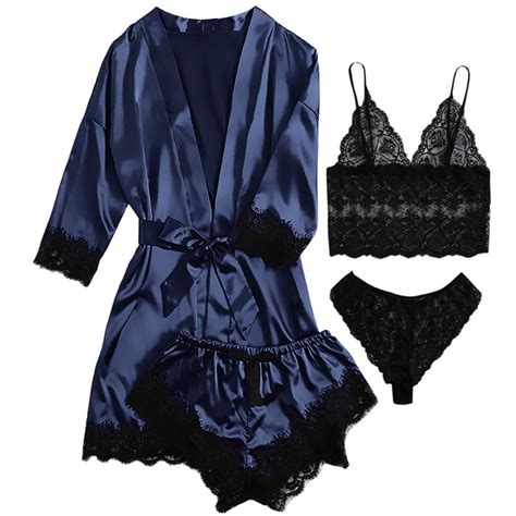 Amitofo Robes For Women Satin Silk Pajamas Set Pcs Lace Trim Cami Sexy Lingerie Sleepwear