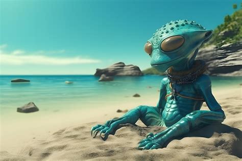 Premium Ai Image Alien Creature Resting On A Tropical Sea Beach On A