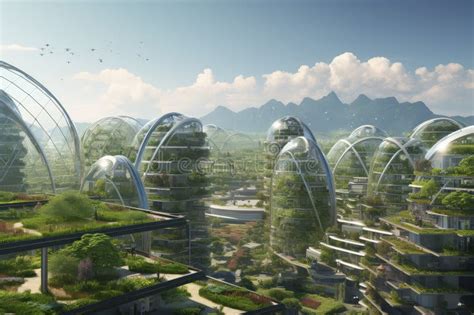 A Futuristic City Surrounded by Trees and Mountains Stock Photo - Image ...