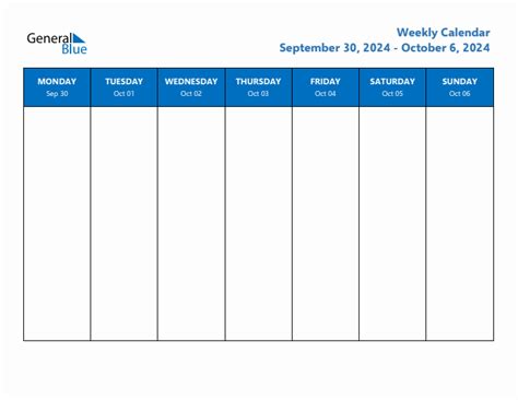 Weekly Calendar with Monday Start for Week 40 (September 30, 2024 to ...