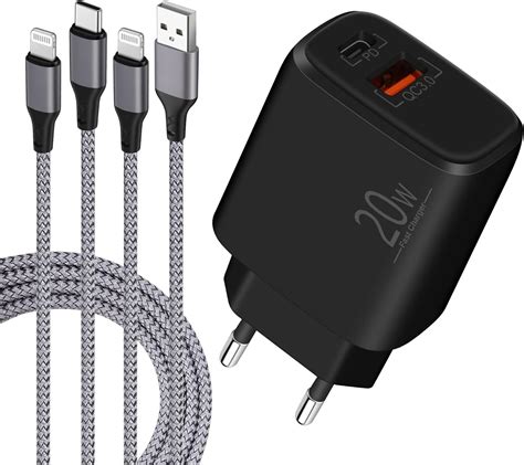 Luosike Usb C Ladegerät 20w Usb C Netzteilstecker Mit 2 2m Lightning Kabeln Schnellladegerät