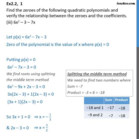 Ex Class Find Zeroes Of Quadratic Polynomials And Verify