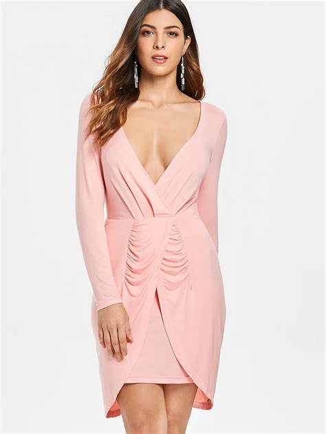 Kenancy 2019 Npring Summer Dress Ruched Sexy Deep V Neck Bodycon Dress Long Sleeve High Waist