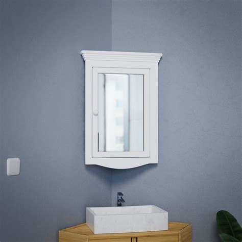 Corner Medicine Cabinet White Hardwood Wall Mount With Easy Clean Mirror Transitional