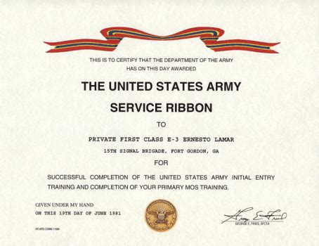 US army service ribbon certificate