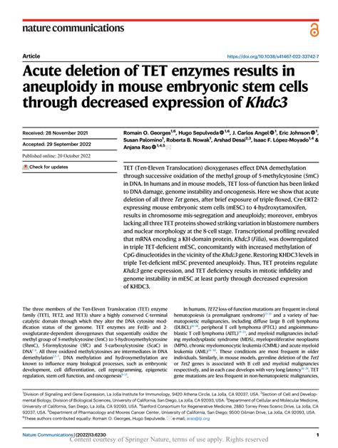 PDF Acute Deletion Of TET Enzymes Results In Aneuploidy In Mouse