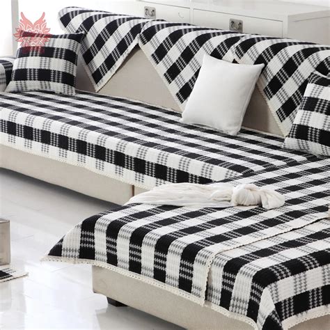 Black white plaid weaving cotton linen sofa cover sectional slipcovers ...