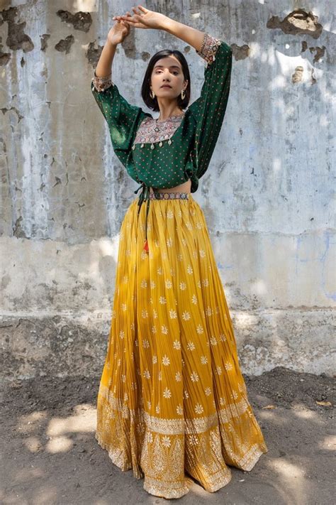 Wedding Look Green And Yellow Grorgette Lehenga Choli G Gcs