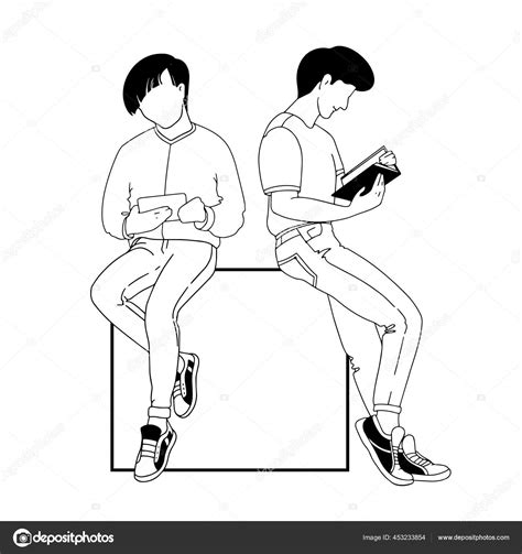 Young Men Sitting And Reading The Books Vector Linear Illustration Stock Illustration By ©veye