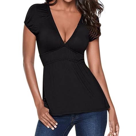 Fashion Women T Shirts Short Sleeve Sexy Deep V Neck Shirts Solid Tops