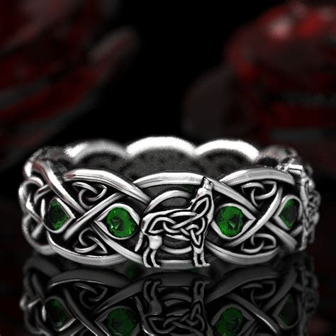 Celtic Wolf Ring Sterling Silver Emerald Wedding Band Wolf Wedding