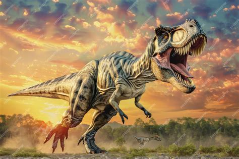 Premium Photo Ferocious Tyrannosaurus Rex Dinosaur Roaring At Sunset