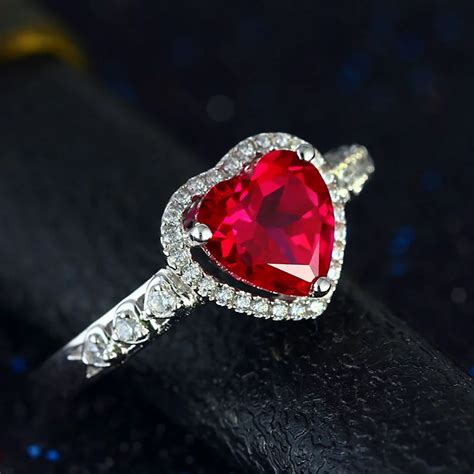 S925 Sterling Silver Ruby Jewelry Wedding Rings For Women Red Heart ...