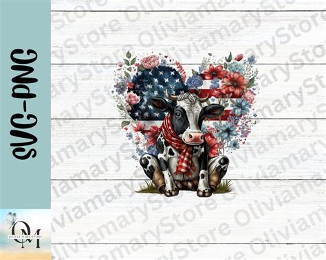 Cow Png Patriotic Calf Png Flowers American Flag Cow Svg Calf Sublimation Red White