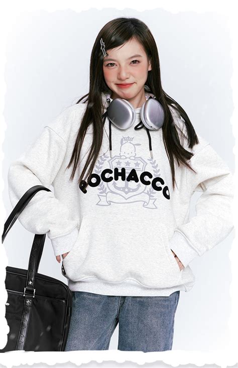 Pochacco Letters Graphic Grey Preppy Hoodie Kawaiienvy