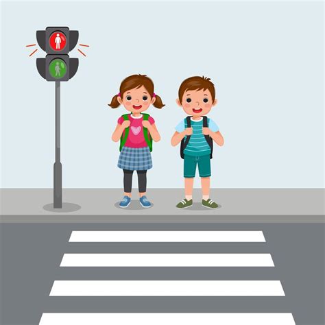 Cute School Kids With Backpack Waiting Stop Sign On Pedestrian Traffic