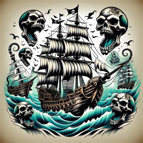 Menacing Pirate Ship with Skulls and Sea Monster Dark Tattoo Art | MUSE AI