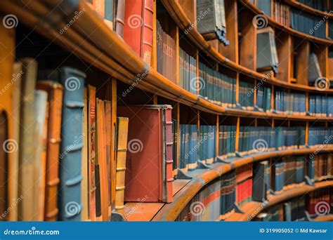 Curved Library Wall With Colorful Books And Wooden Ladders Stock