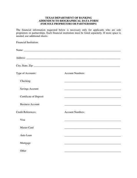 Texas Addendum To Biographical Data Form For Sole Proprietors Or