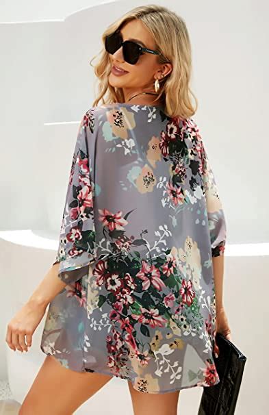 Womens Floral Print Puff Sleeve Kimono Cardigan Loose Cover Up Casual Blouse Tops