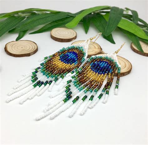 Beaded Earrings Peacock Feather White Long Etsy