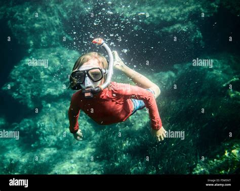 Underwater Portrait Of Boy Snorkeling Menorca Balearic Islands Spain