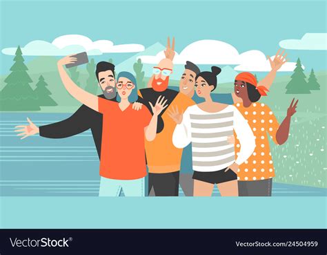 Girl Makes A Group Selfie With Happy Friends Vector Image