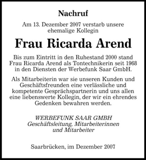 Traueranzeigen Von Arend Ricarda Saarbruecker Zeitung Trauer De