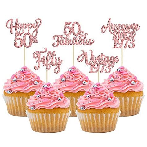 30pcs Vintage 1973 Cupcake Toppers Glitter Fifty 50 Fabulous Happy 50th