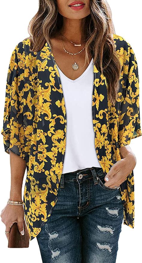 Womens Floral Print Puff Sleeve Kimono Cardigan Loose Cover Up Casual Blouse Tops