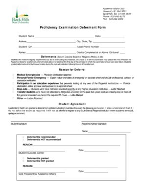 Fillable Online Bhsu Proficiency Examination Deferment Form Bhsu Fax