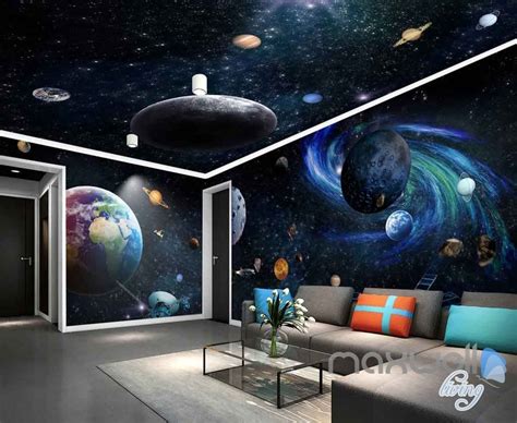 an image of a living room with planets and stars on the wall, as well ...