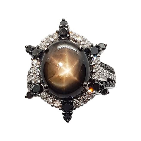 Black Star Sapphire With Diamond And Black Diamond Ring In 18 Karat