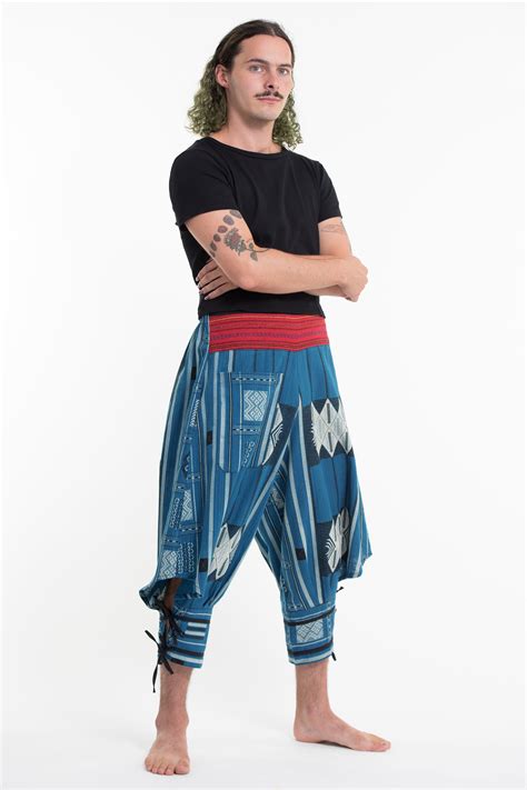 Thai Hill Tribe Fabric Mens Harem Pants With Ankle Straps In Blue