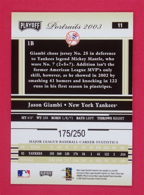 2003 Playoff Portraits Jason Giambi Yanks 175 250 Beige 11 New York