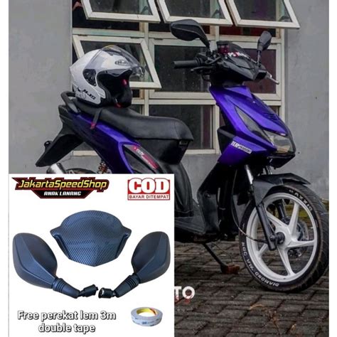 Jual Paket Visor Variasi Carbon Beat Karbu Plus Kaca Spion Click Hitam