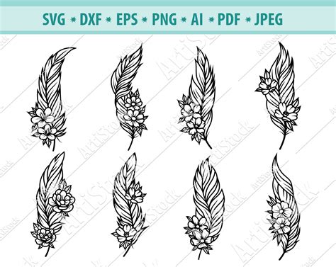 Feather Svg Feathers With Flower Svg Feather Clipart Etsy Boho