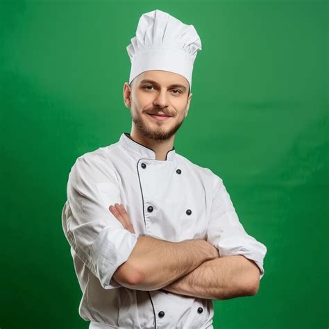 A Chef With His Arms Crossed In Front Of A Green Background Premium