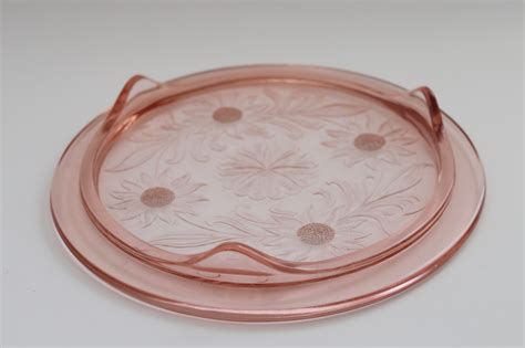 S S Vintage Pink Depression Glass Cake Plate Jeannette Sunflower