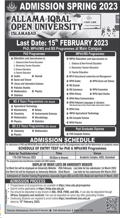 Aiou Admission In Bs Ms Mphil And Phd Programs For The Year Spring