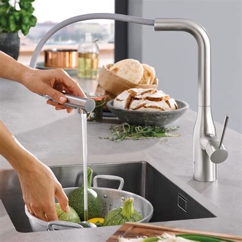 Grohe Essence New Pull Out Sink Mixer Tap With Dual Spray Brushed