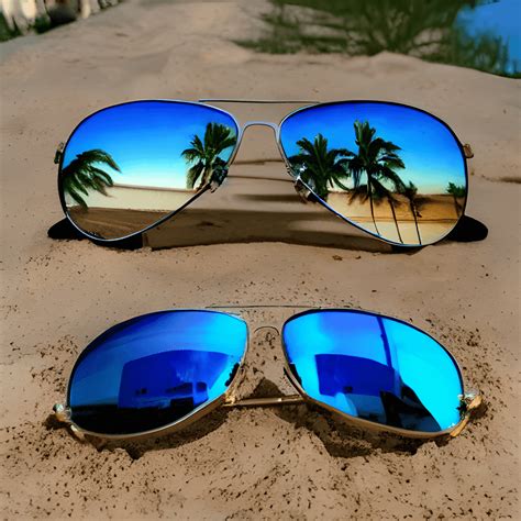 Hyper Realistic Aviator Sunglasses With A Beach Background Creative